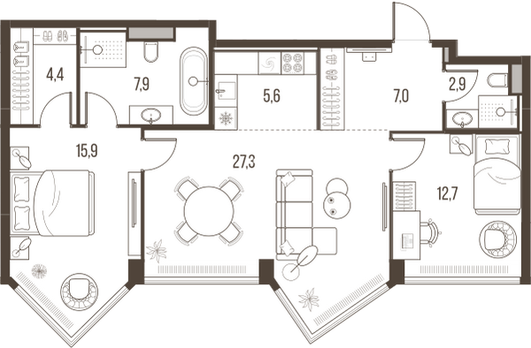 Планировка: 3-комнатная квартира, 83,7 м²