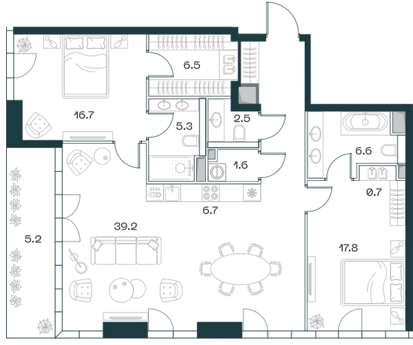 Планировка: 3-комнатная квартира, 117,8 м²