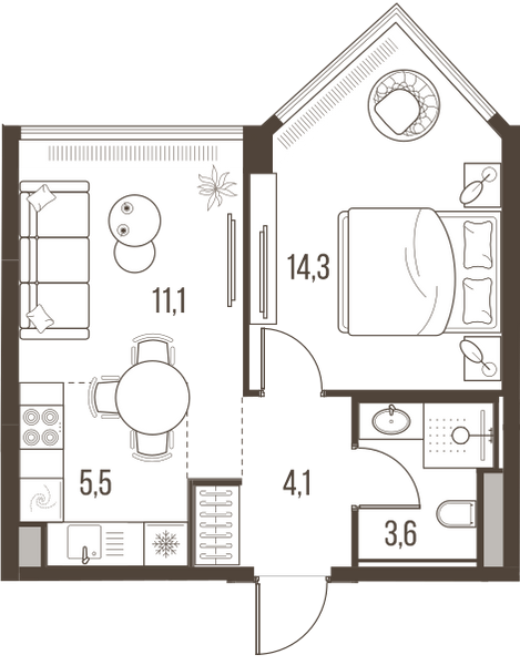 Планировка: 2-комнатная квартира, 38,6 м²