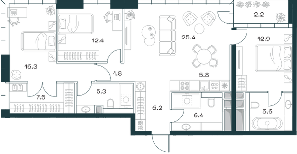 Планировка: 3-комнатная квартира, 107,8 м²