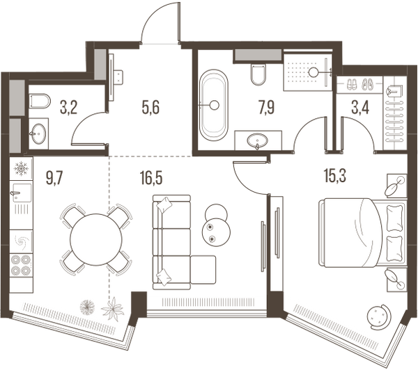 Планировка: 2-комнатная квартира, 61,6 м²
