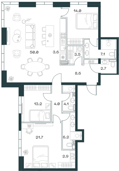 Планировка: 4-комнатная квартира, 141,6 м²
