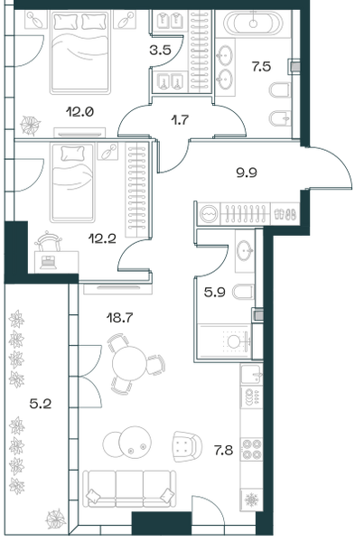Планировка: 3-комнатная квартира, 84,8 м²