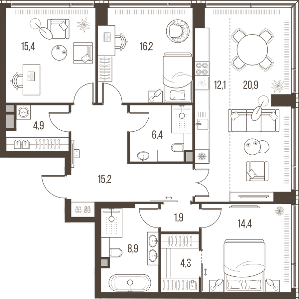 Планировка: 4-комнатная квартира, 120,6 м²