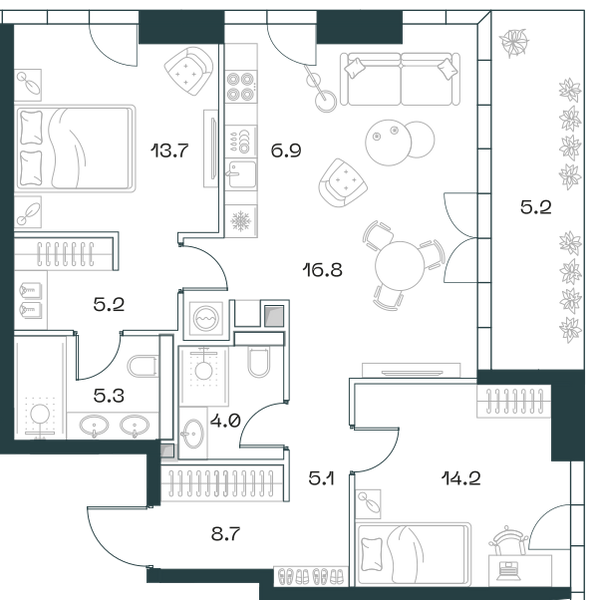 Планировка: 3-комнатная квартира, 86,0 м²