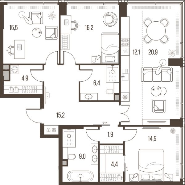 Планировка: 4-комнатная квартира, 121,0 м²