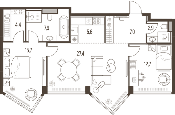 Планировка: 3-комнатная квартира, 83,6 м²