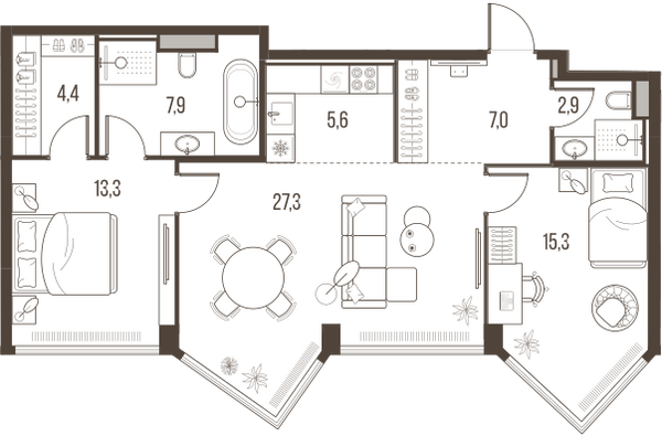 Планировка: 3-комнатная квартира, 83,7 м²