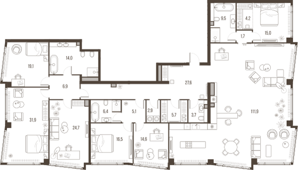 Планировка: 7-комнатная квартира, 321,4 м²