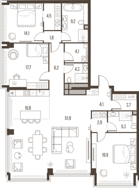 Планировка: 4-комнатная квартира, 160,5 м²