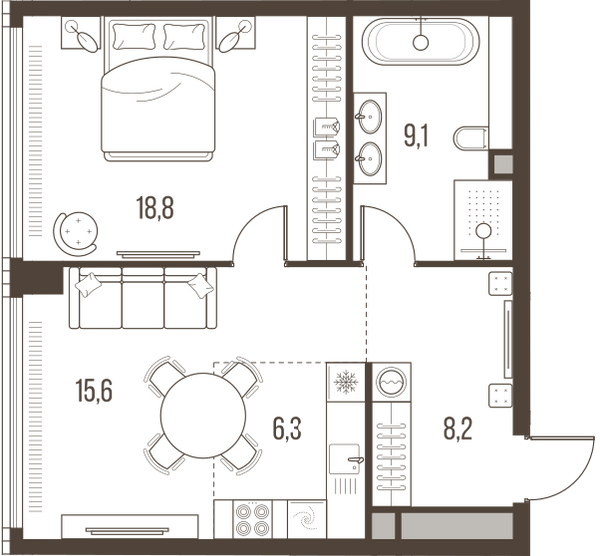 Планировка: 2-комнатная квартира, 58,0 м²