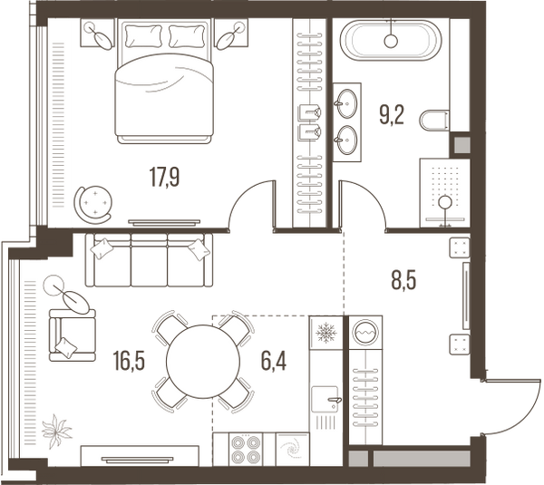 Планировка: 2-комнатная квартира, 58,5 м²