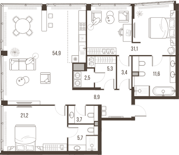 Планировка: 3-комнатная квартира, 148,3 м²