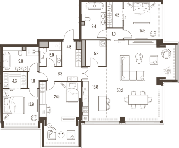 Планировка: 4-комнатная квартира, 169,1 м²