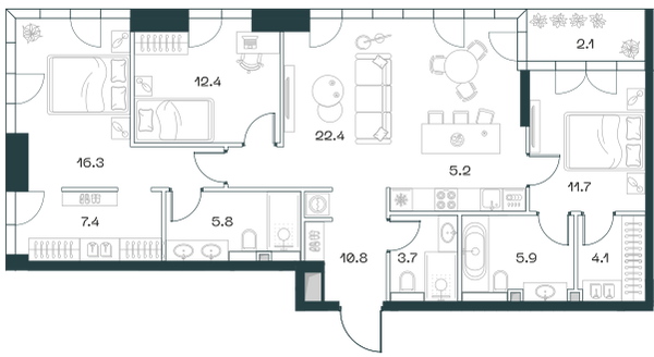 Планировка: 3-комнатная квартира, 108,7 м²