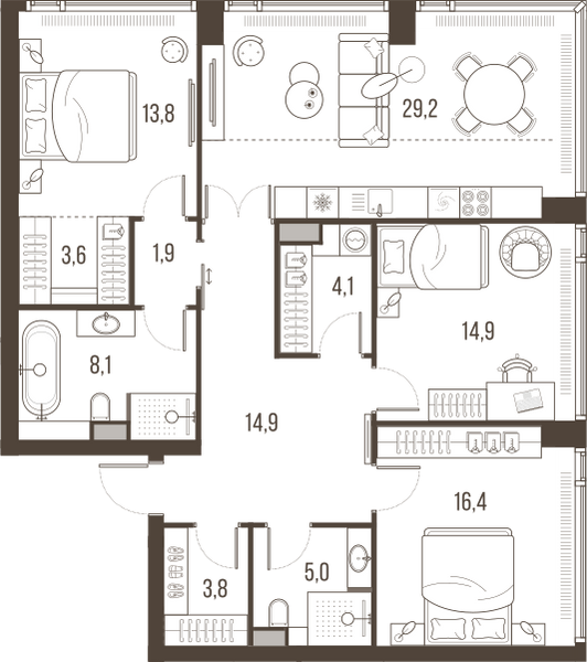 Планировка: 4-комнатная квартира, 115,7 м²