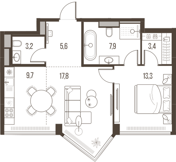 Планировка: 2-комнатная квартира, 60,9 м²