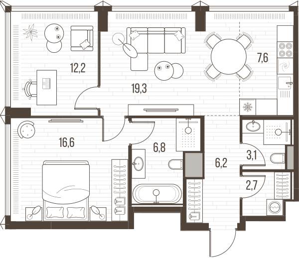 Планировка: 3-комнатная квартира, 74,5 м²