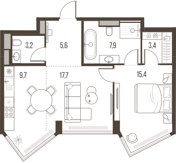 Планировка: 2-комнатная квартира, 62,9 м²