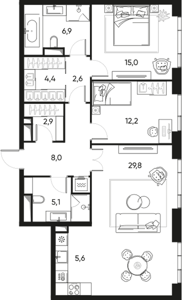 Планировка: 3-комнатная квартира, 92,5 м²