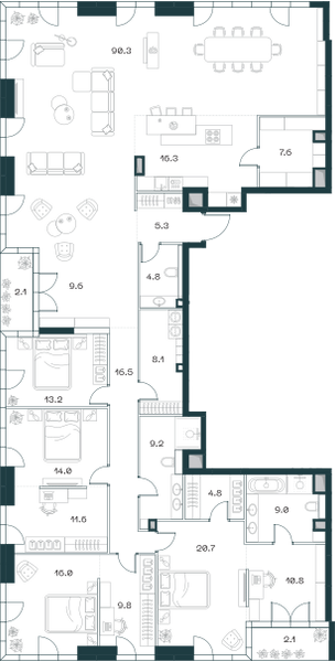 Планировка: 4-комнатная квартира, 283,3 м²