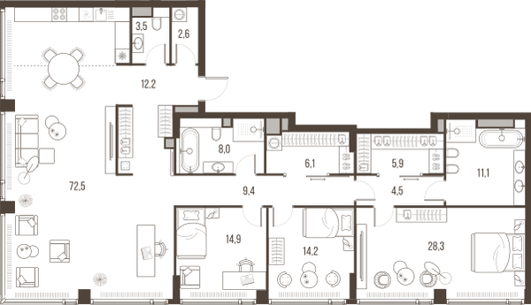 Планировка: 4-комнатная квартира, 193,2 м²