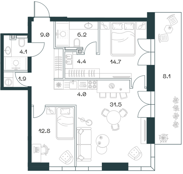Планировка: 3-комнатная квартира, 96,4 м²
