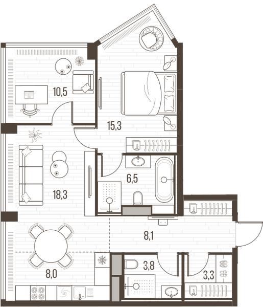 Планировка: 3-комнатная квартира, 74,0 м²