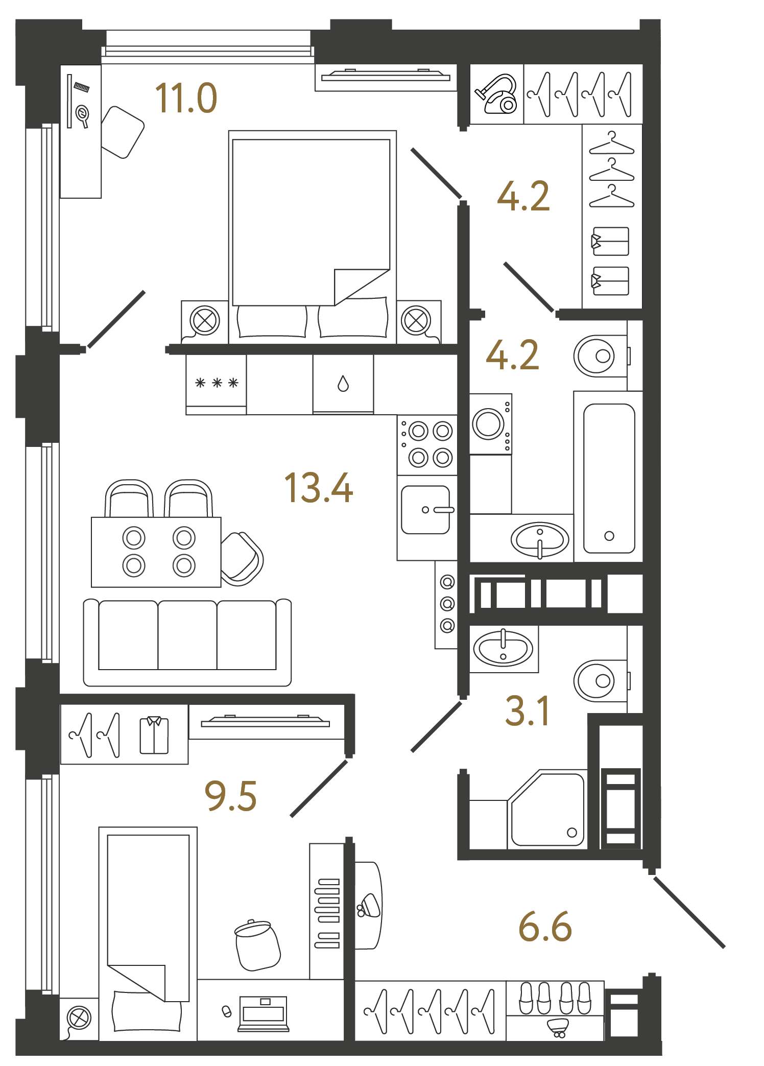 Планировка: 2-комнатная квартира, 52,0 м²