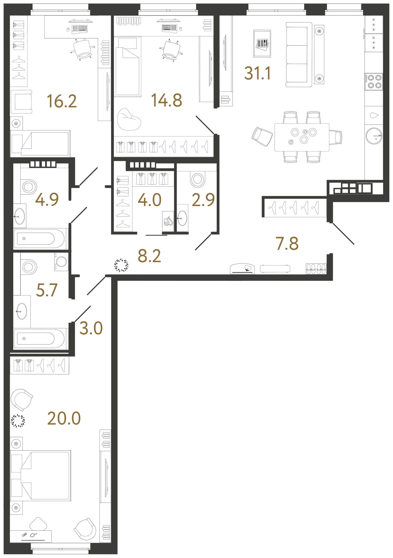 Планировка: 3-комнатная квартира, 118,6 м²