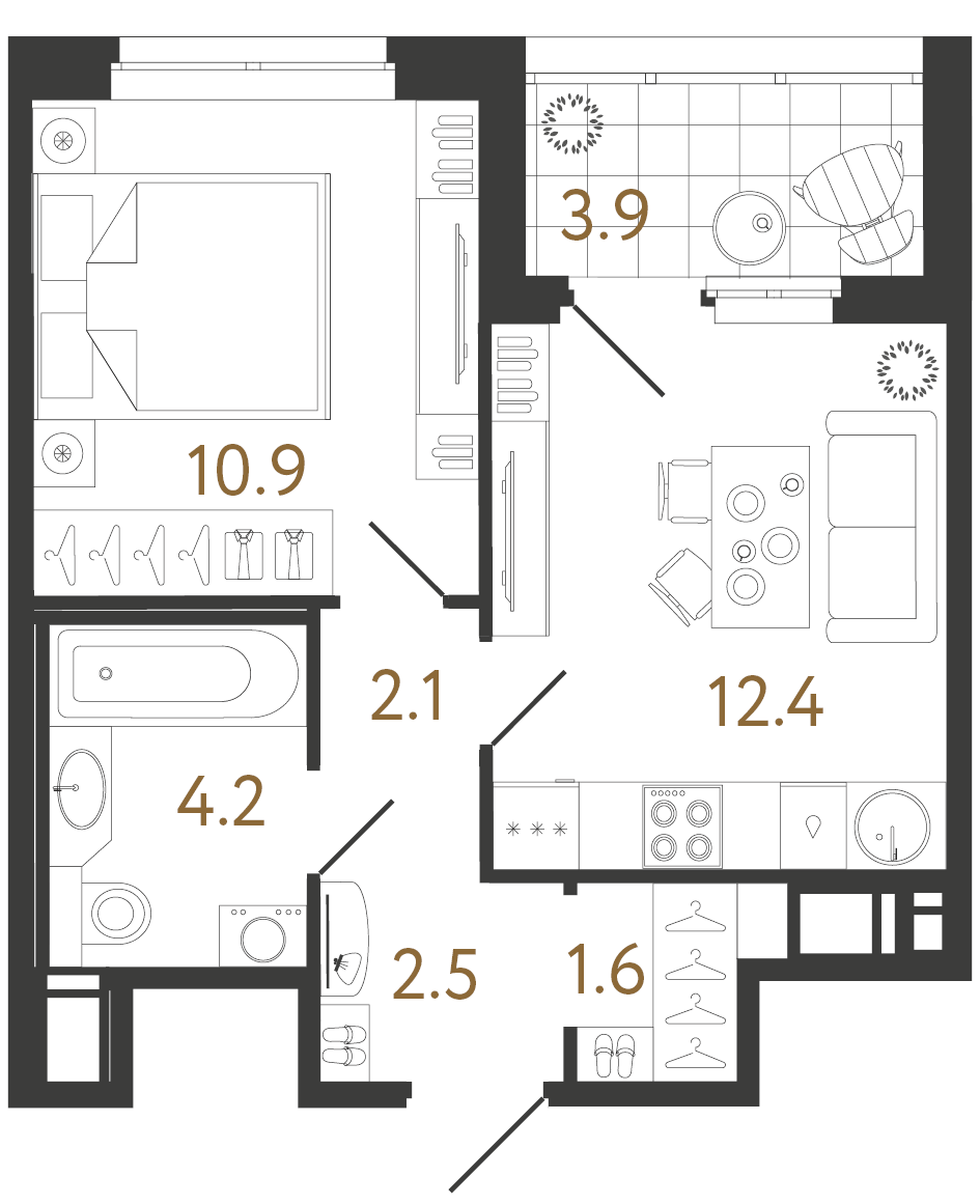 Планировка: 1-комнатная квартира, 33,6 м²