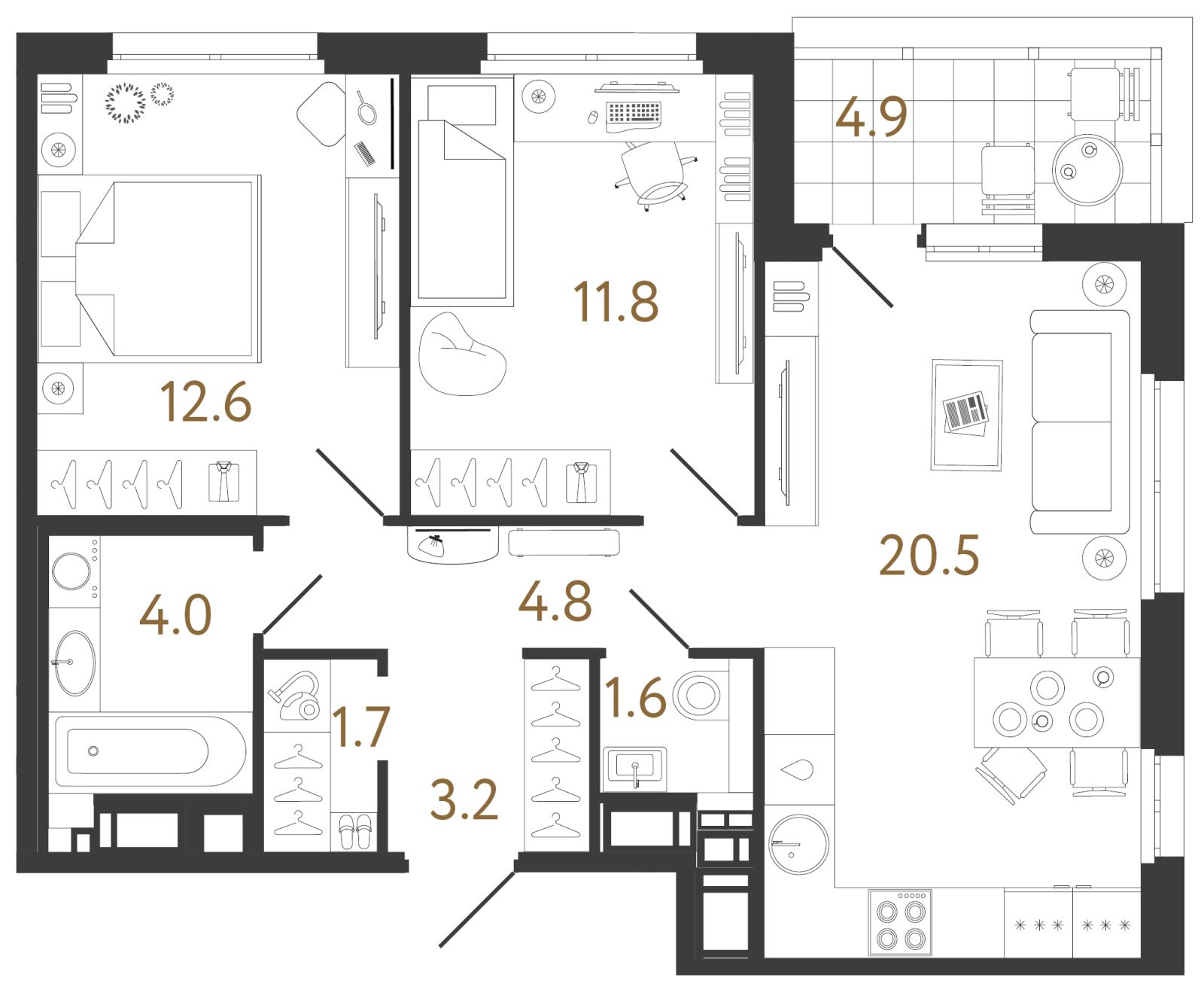 Планировка: 2-комнатная квартира, 60,2 м²