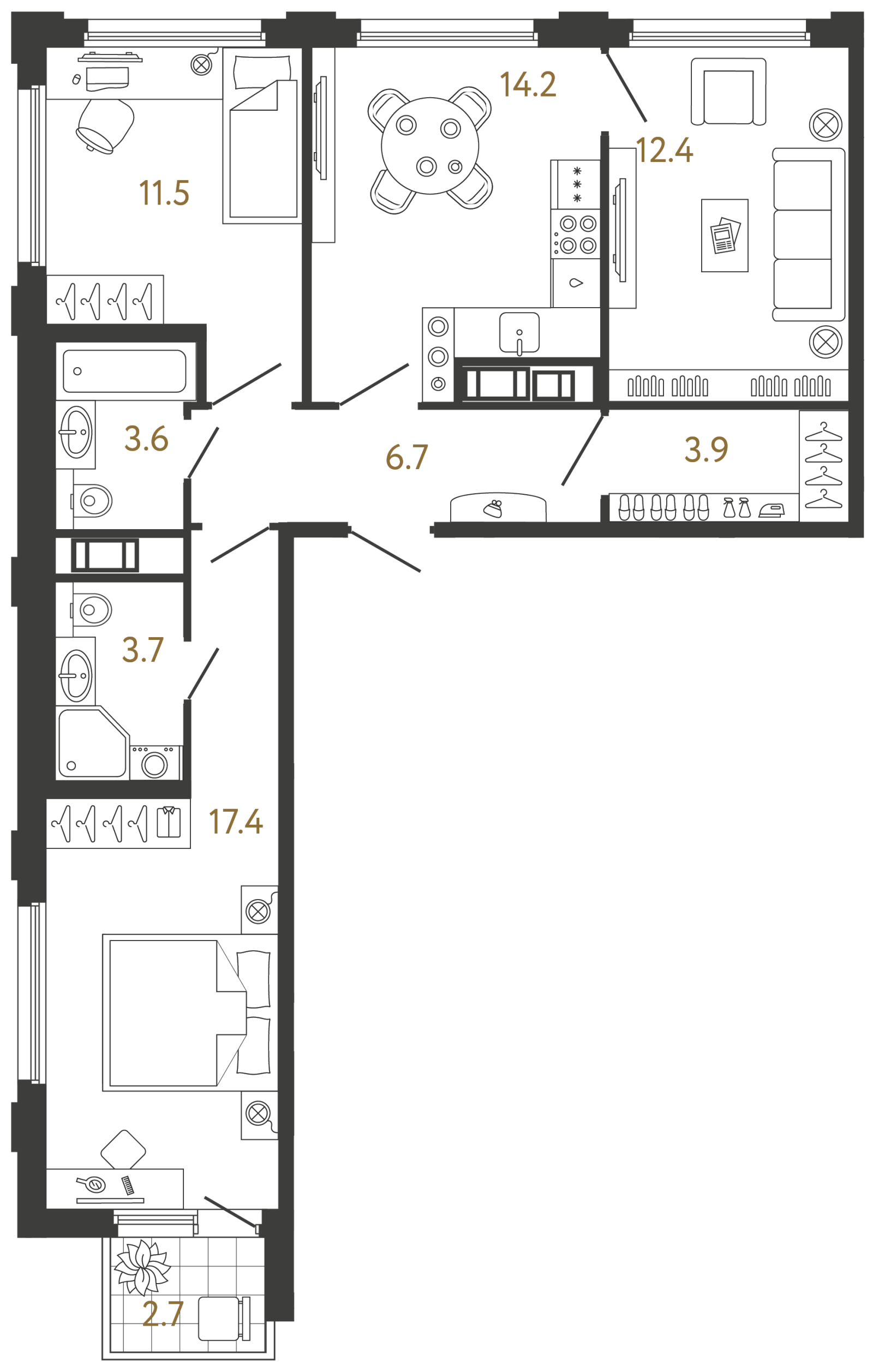 Планировка: 3-комнатная квартира, 73,4 м²