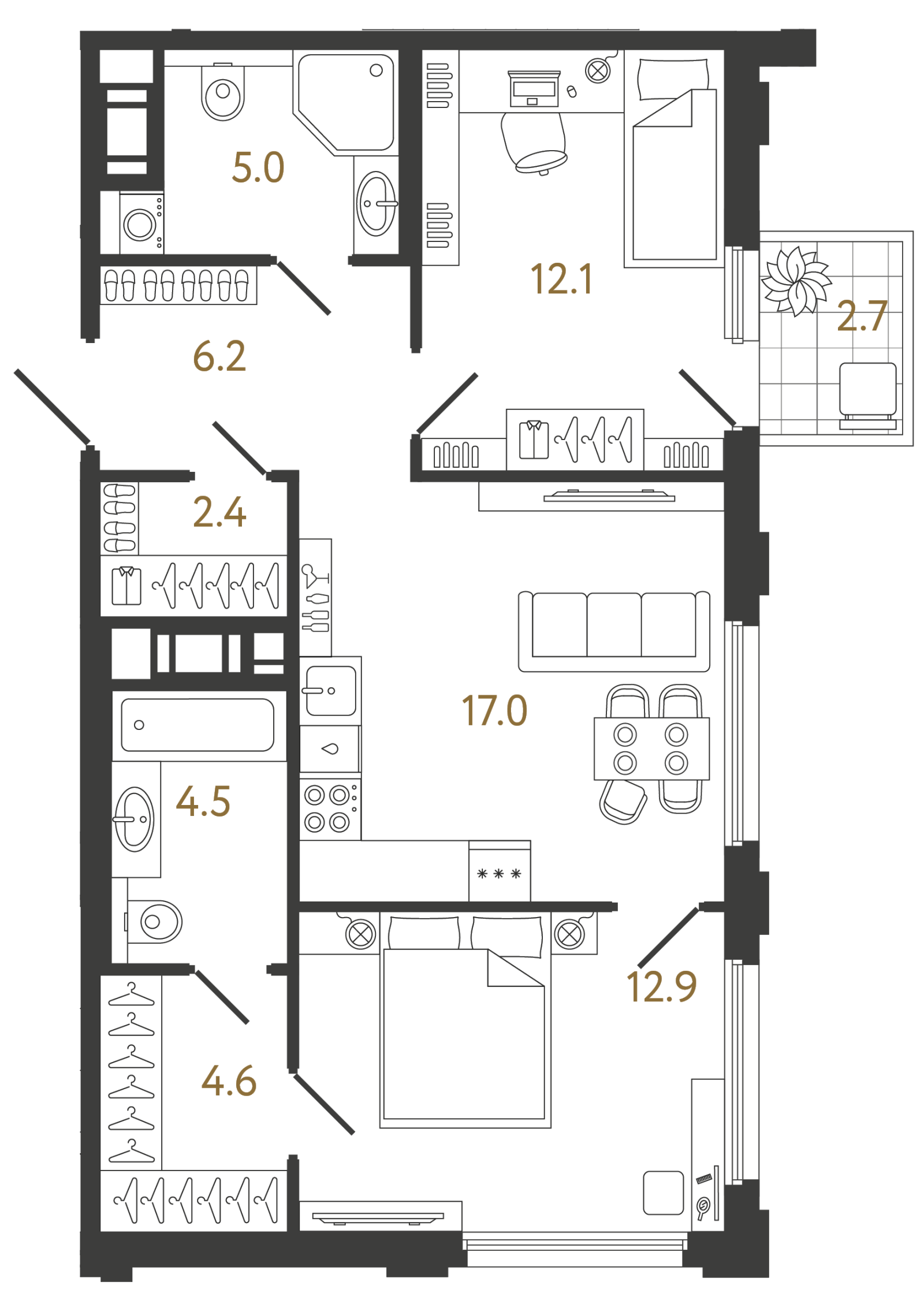 Планировка: 2-комнатная квартира, 64,7 м²