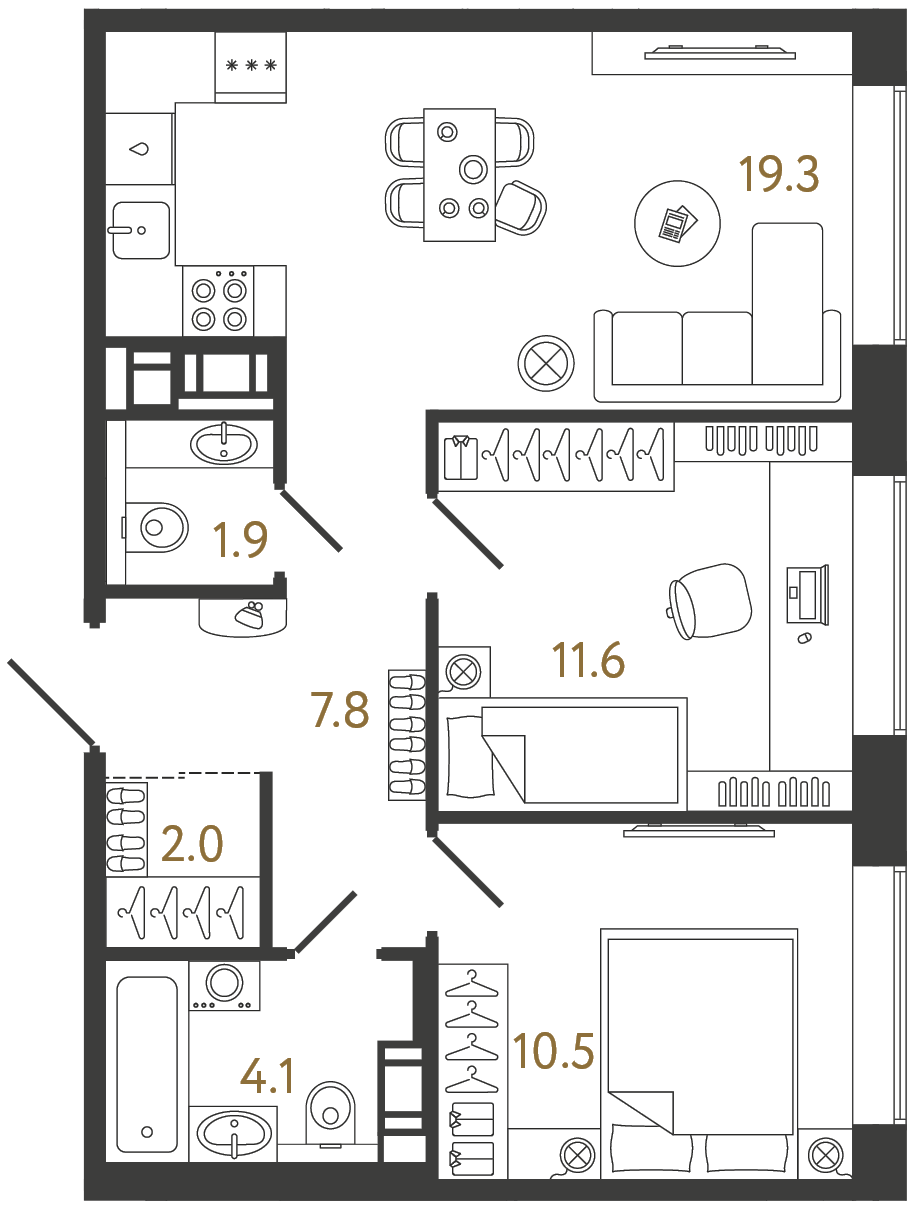 Планировка: 2-комнатная квартира, 57,2 м²