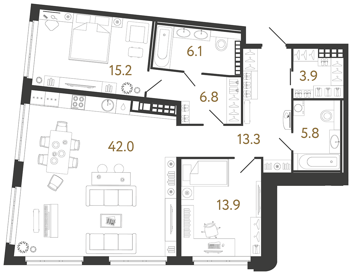 Планировка: 2-комнатная квартира, 107,0 м²