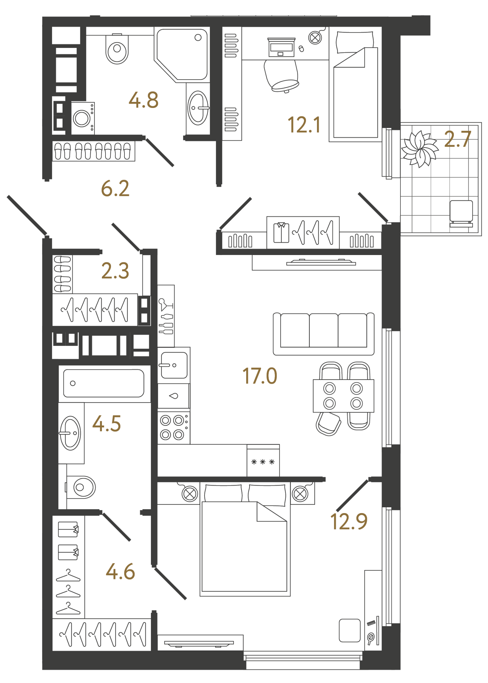 Планировка: 2-комнатная квартира, 64,4 м²