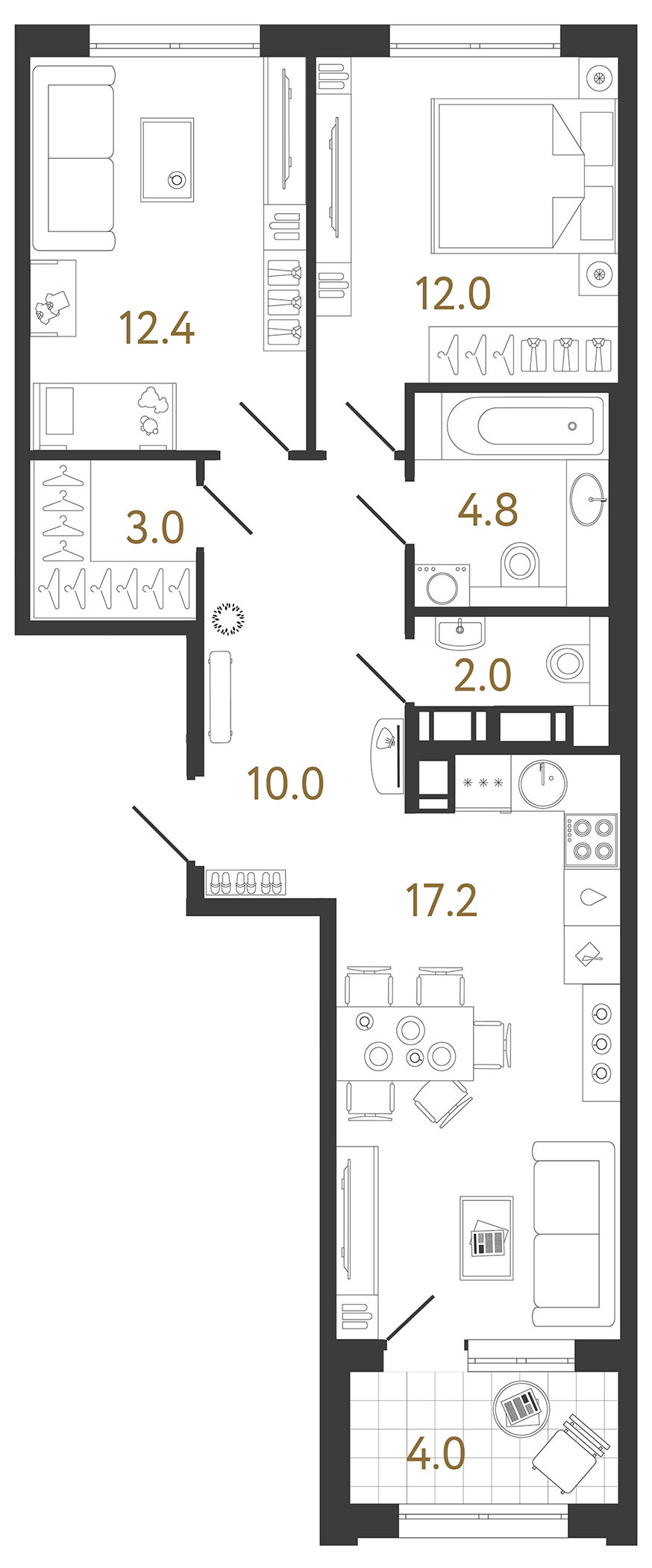 Планировка: 2-комнатная квартира, 61,4 м²
