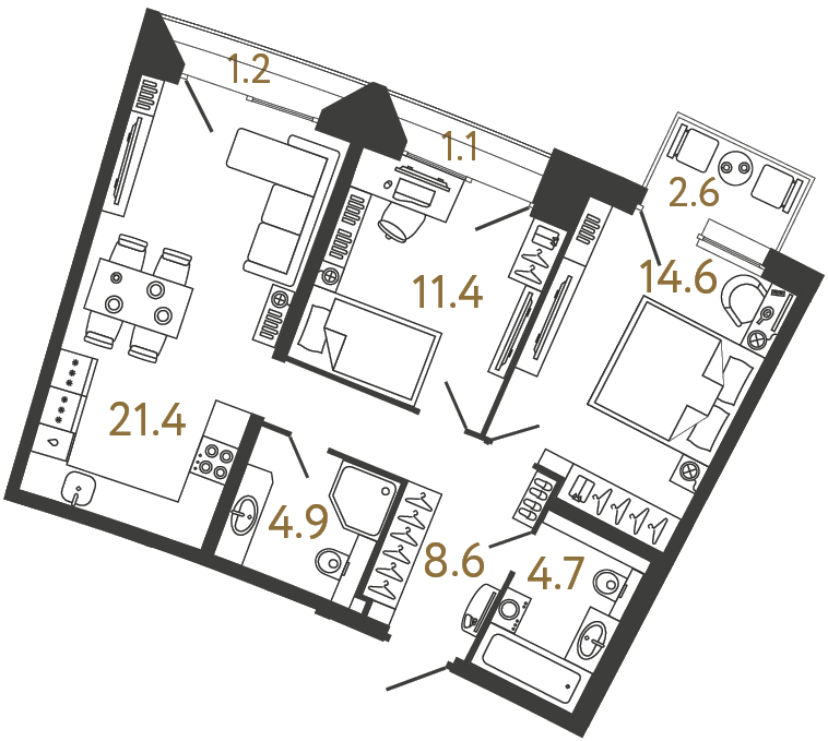 Планировка: 2-комнатная квартира, 65,6 м²