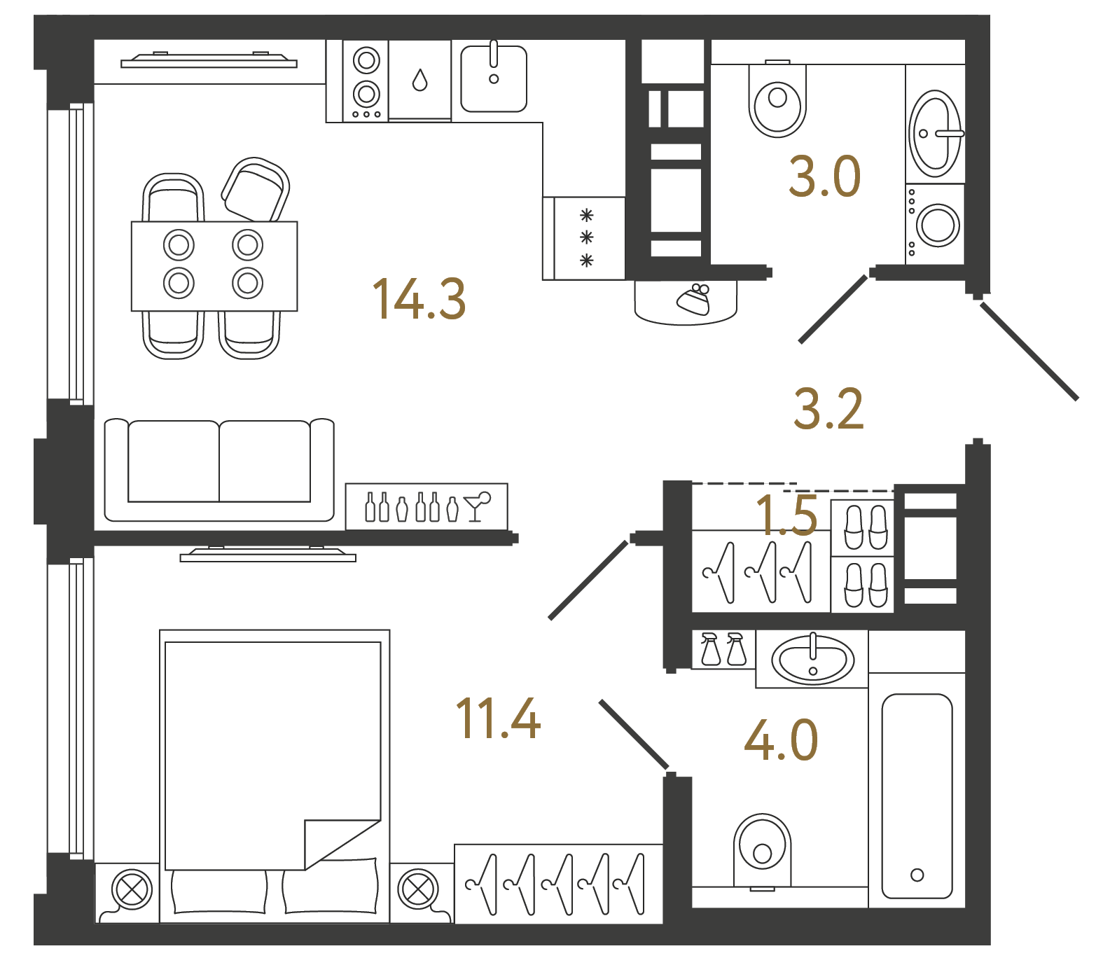Планировка: 1-комнатная квартира, 37,4 м²