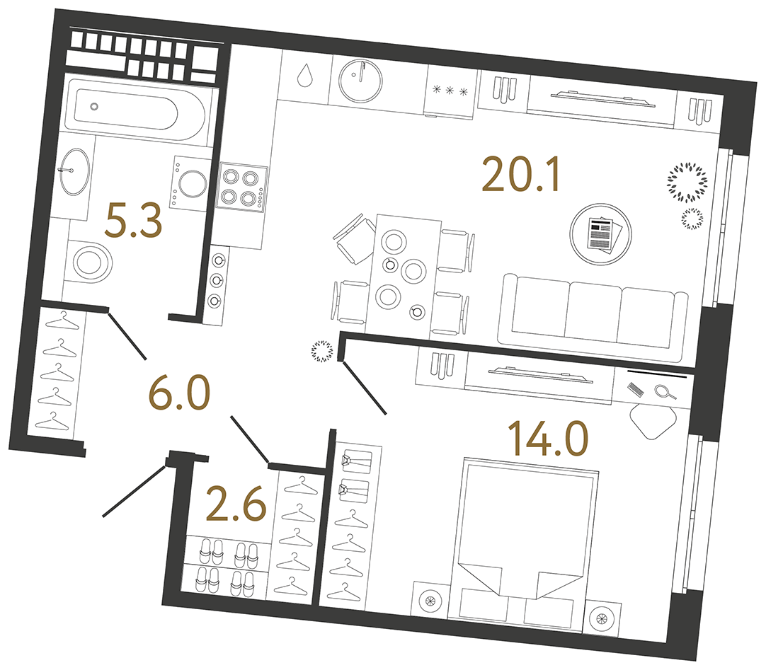 Планировка: 1-комнатная квартира, 48,0 м²