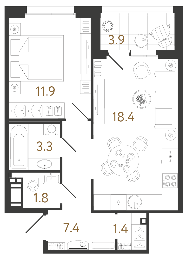 Планировка: 1-комнатная квартира, 44,2 м²