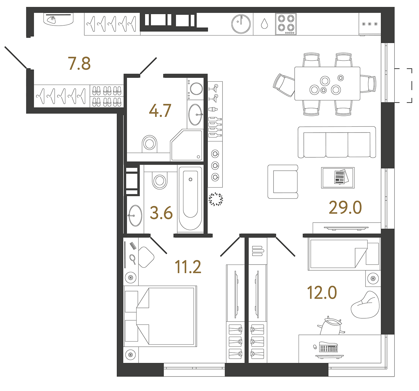 Планировка: 2-комнатная квартира, 68,3 м²