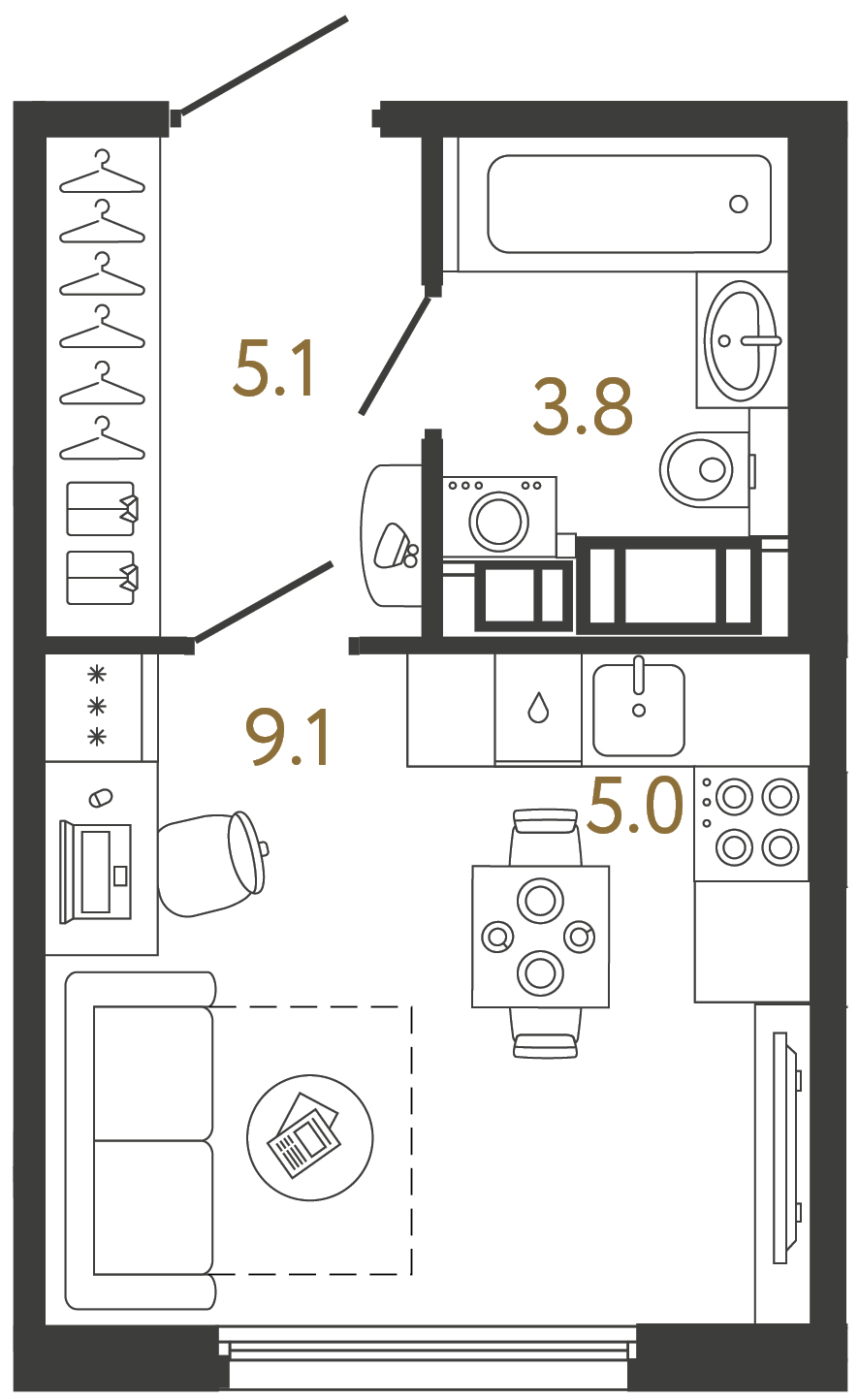 Планировка: студия, 23,0 м²