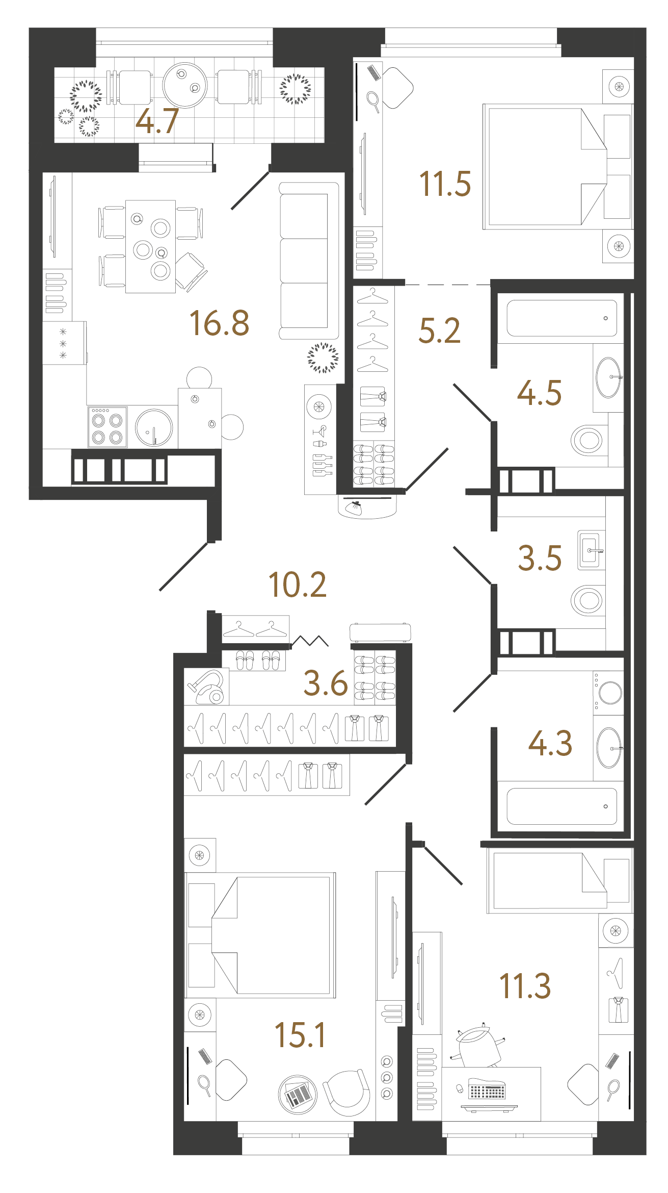 Планировка: 3-комнатная квартира, 86,0 м²