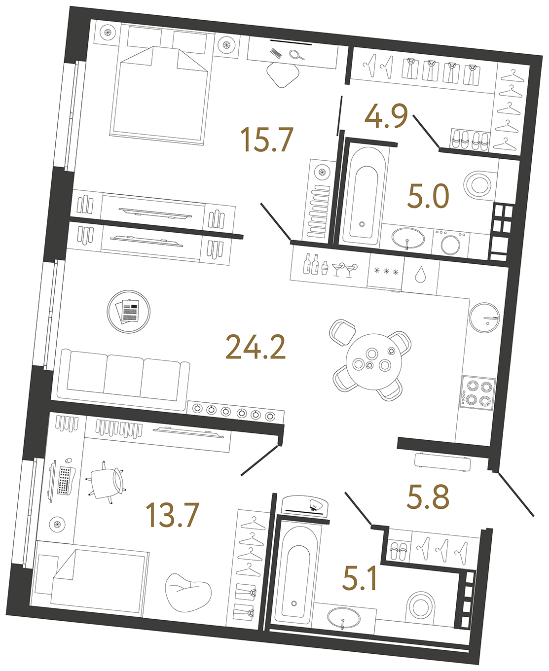 Планировка: 2-комнатная квартира, 74,4 м²