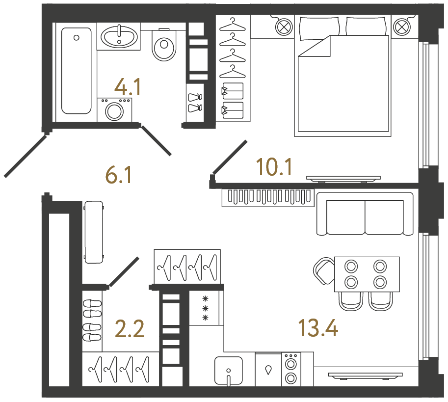 Планировка: 1-комнатная квартира, 35,9 м²