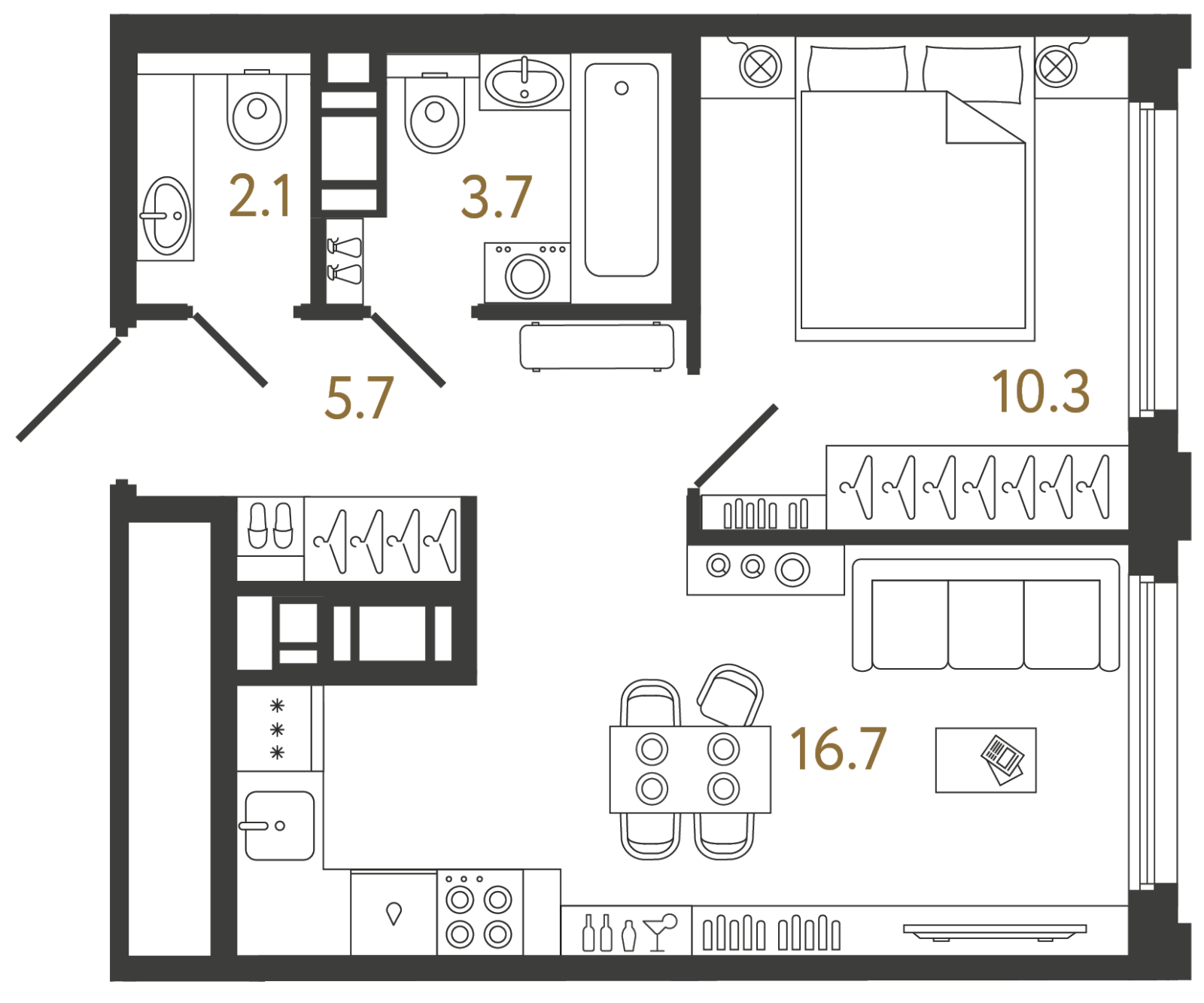 Планировка: 1-комнатная квартира, 38,5 м²