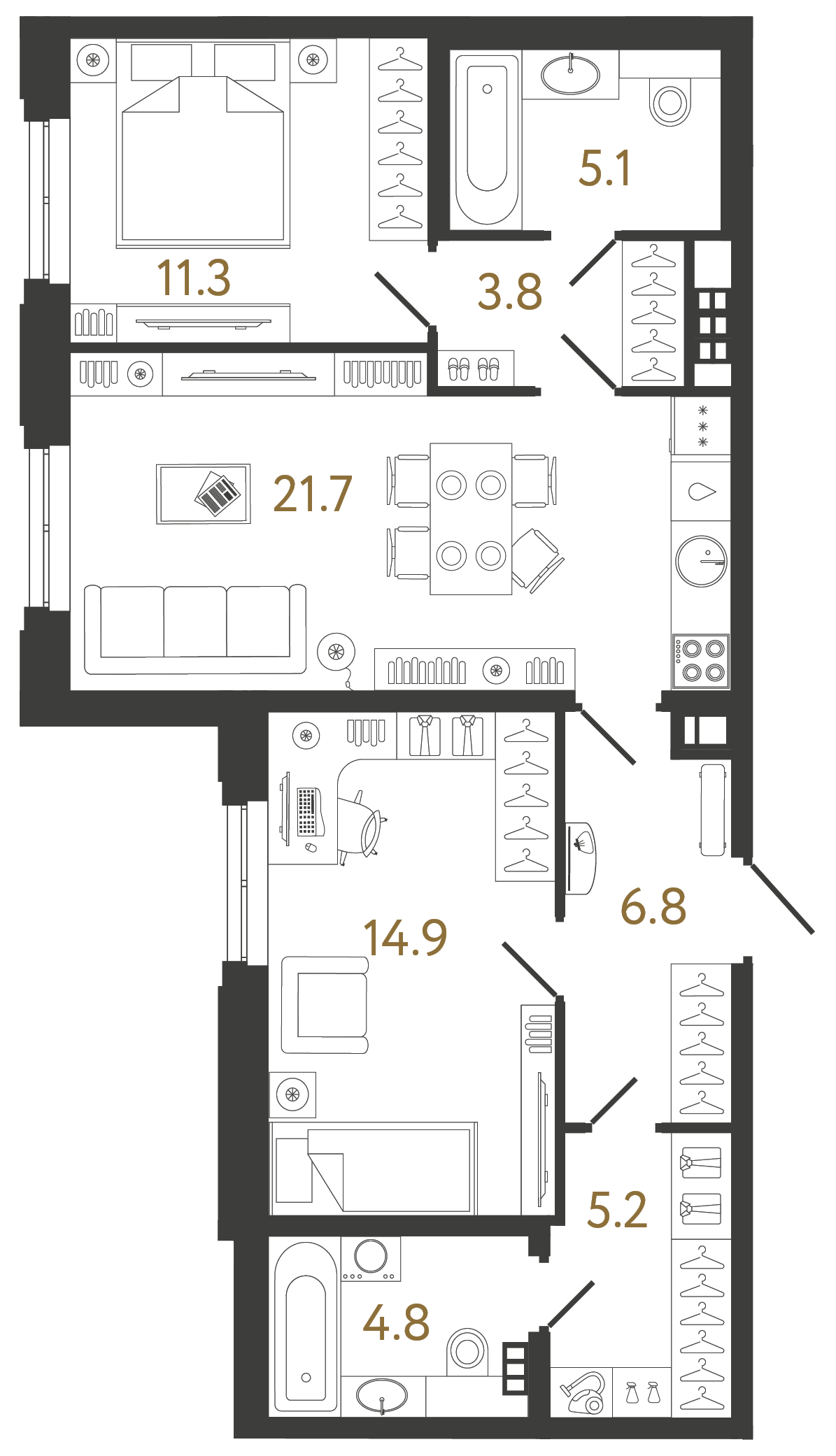 Планировка: 2-комнатная квартира, 73,6 м²