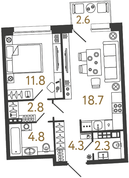 Планировка: 1-комнатная квартира, 44,7 м²